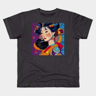 Cyber geisha illustration, colorful retro design Kids T-Shirt